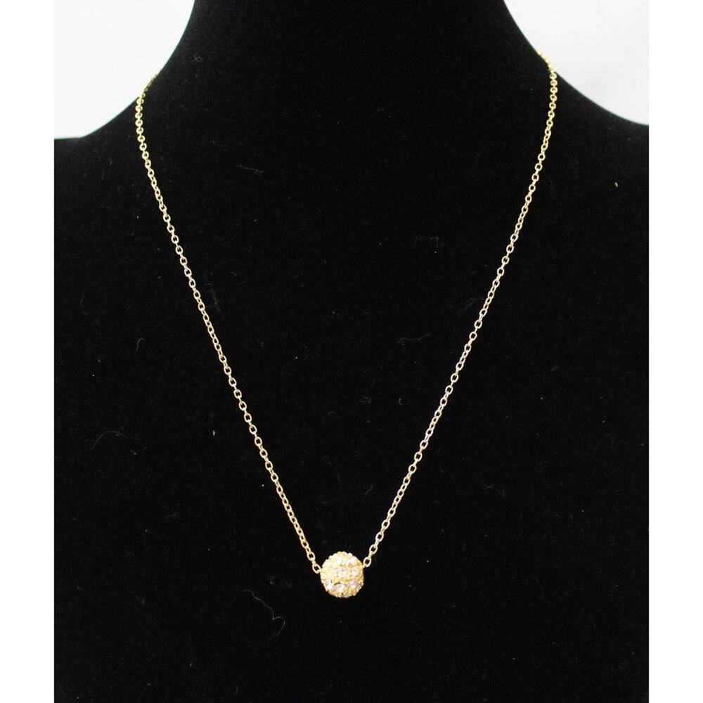 Gold Tone Necklace Chain with Clear Rhinestone Ball Pendant N54 - Picture 1 of 4
